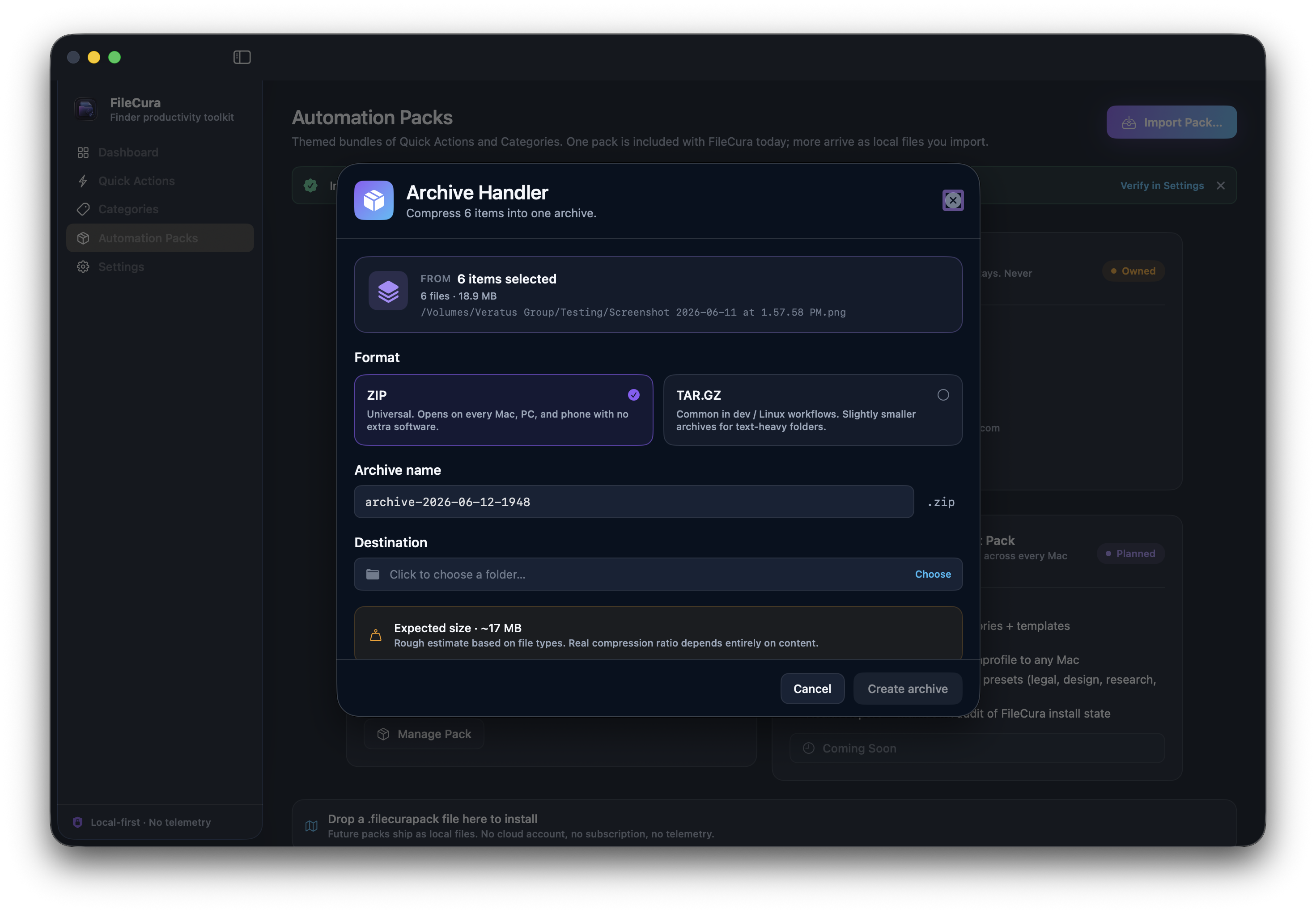 Archive Handler — ZIP and TAR.GZ in one step.