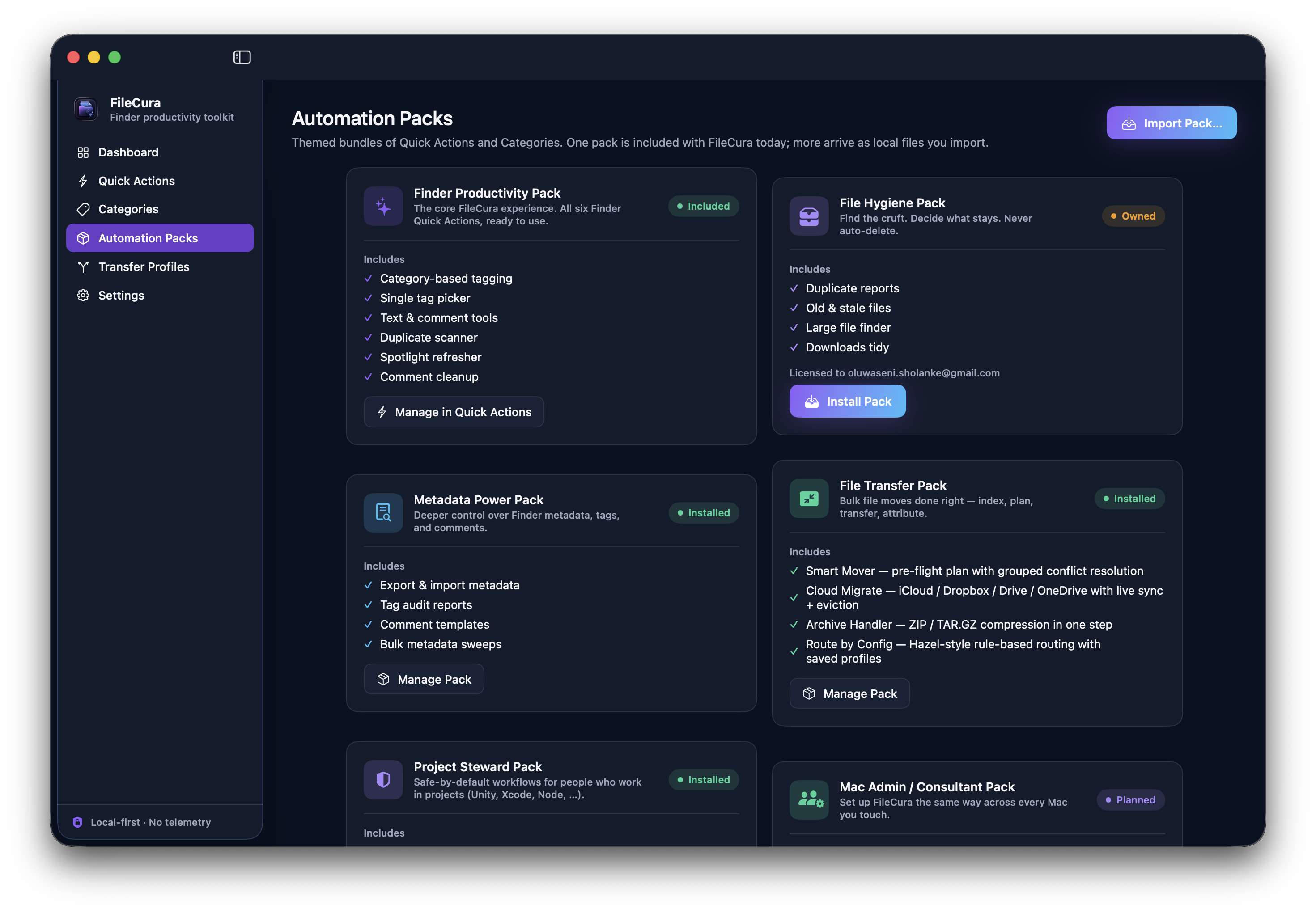 Automation Packs — included pack plus four paid add-ons.