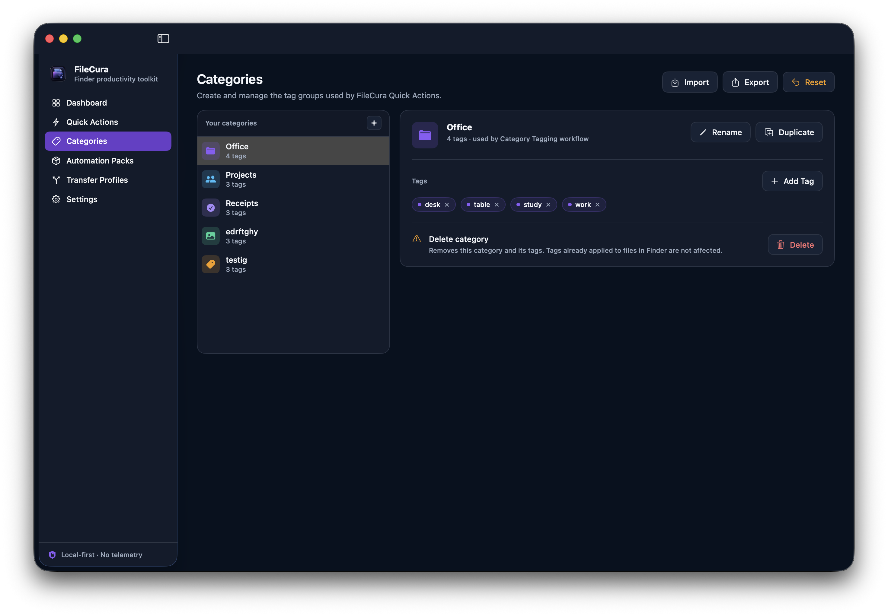Categories — manage tag groups used by Quick Actions.