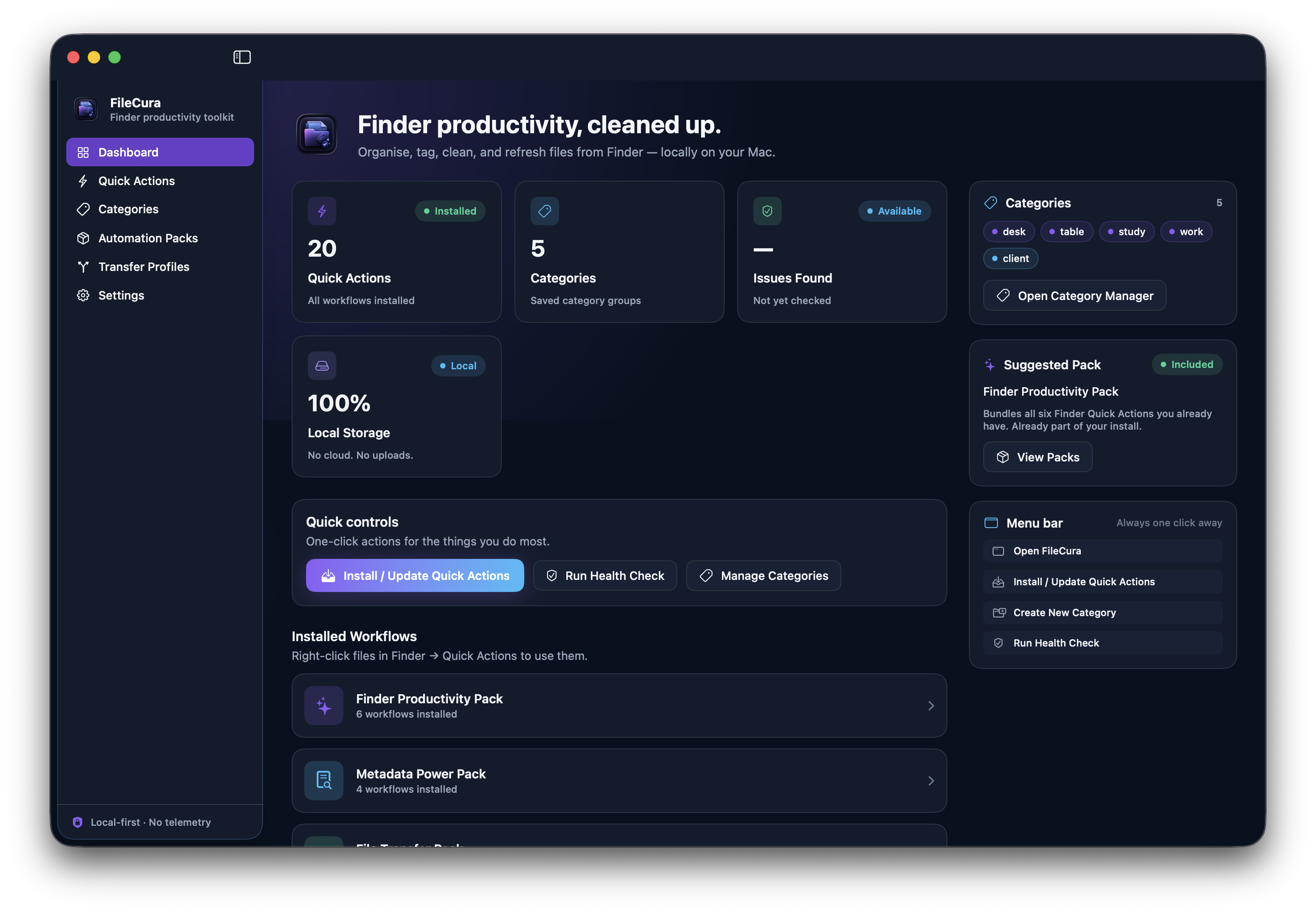 FileCura Dashboard — Quick controls, installed workflows, suggested packs.