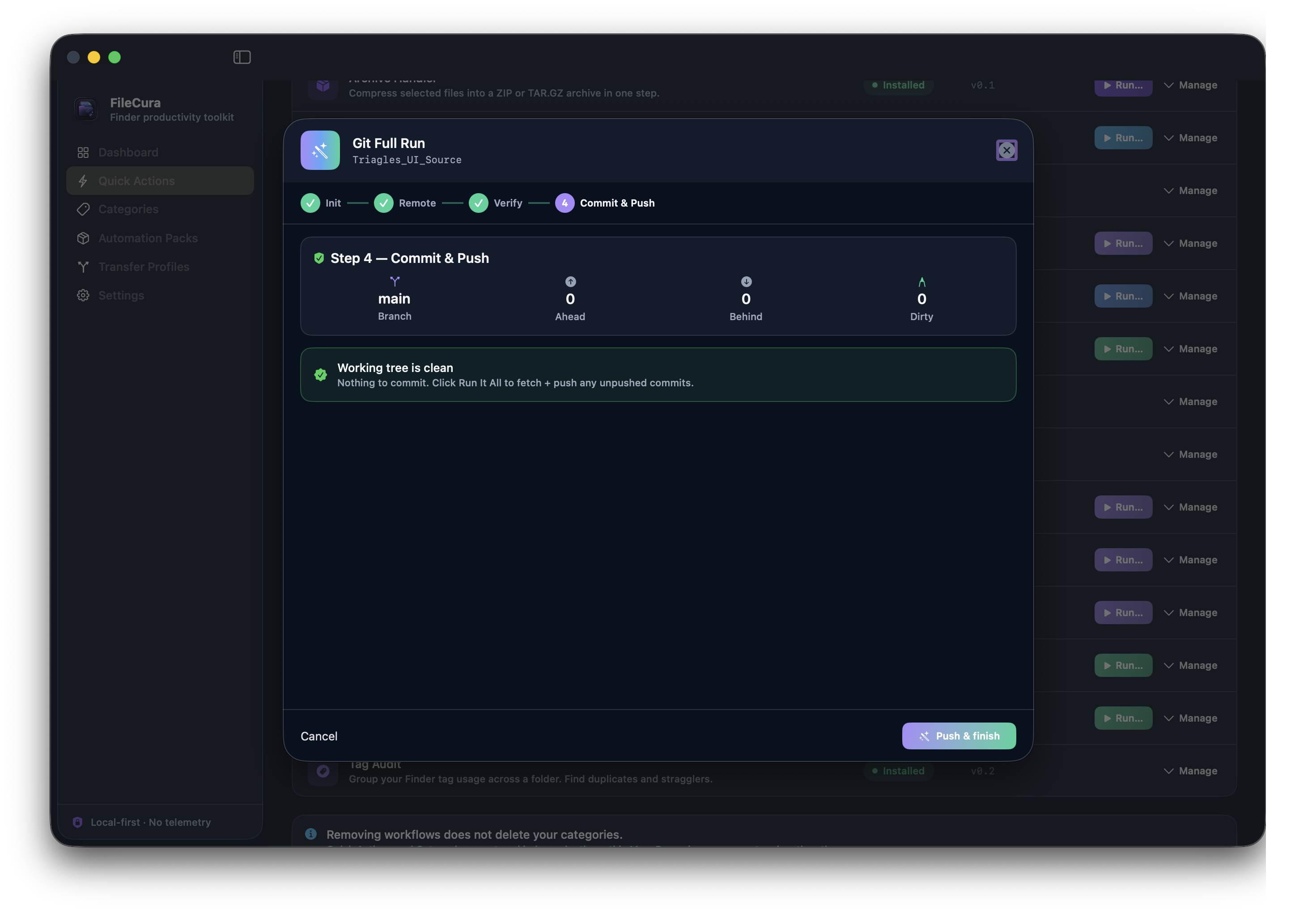 Git Full Run wizard at Step 4 — Commit and Push, showing branch main, working tree clean, with Push and Finish button.