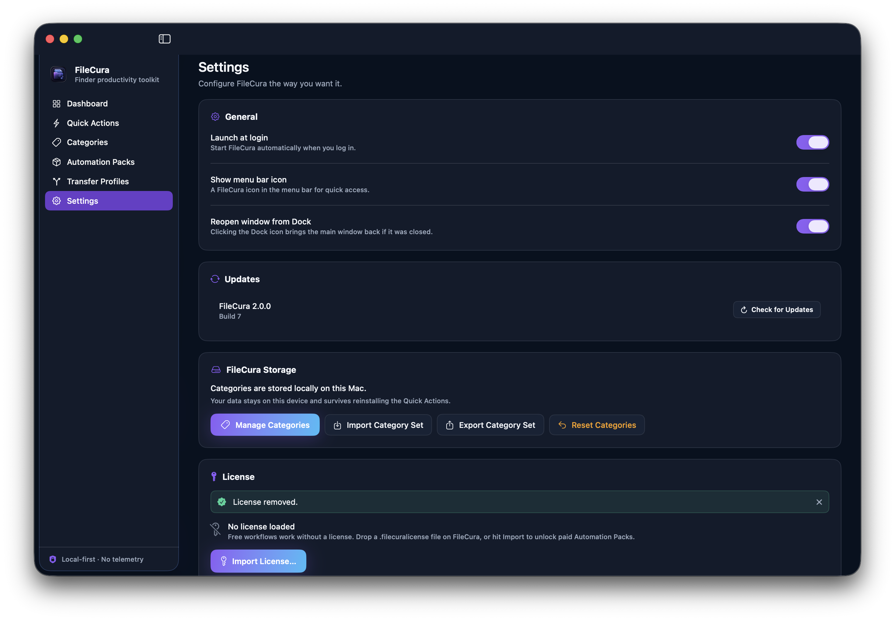 Settings — Updates, License, FileCura Storage, Privacy.